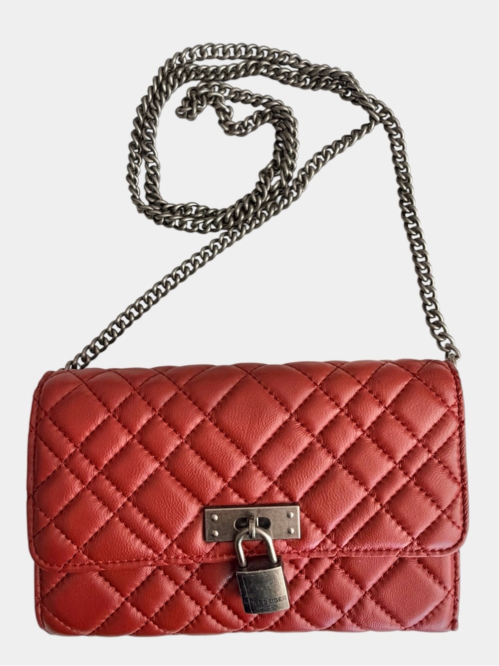 Kurt Geiger London Brixton Red Quilted Chain Wallet Leather Crossbody Small Bag